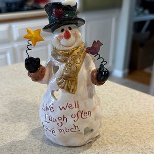Christmas Snowman ceramic candle / tea light holder 5.5 inches tall